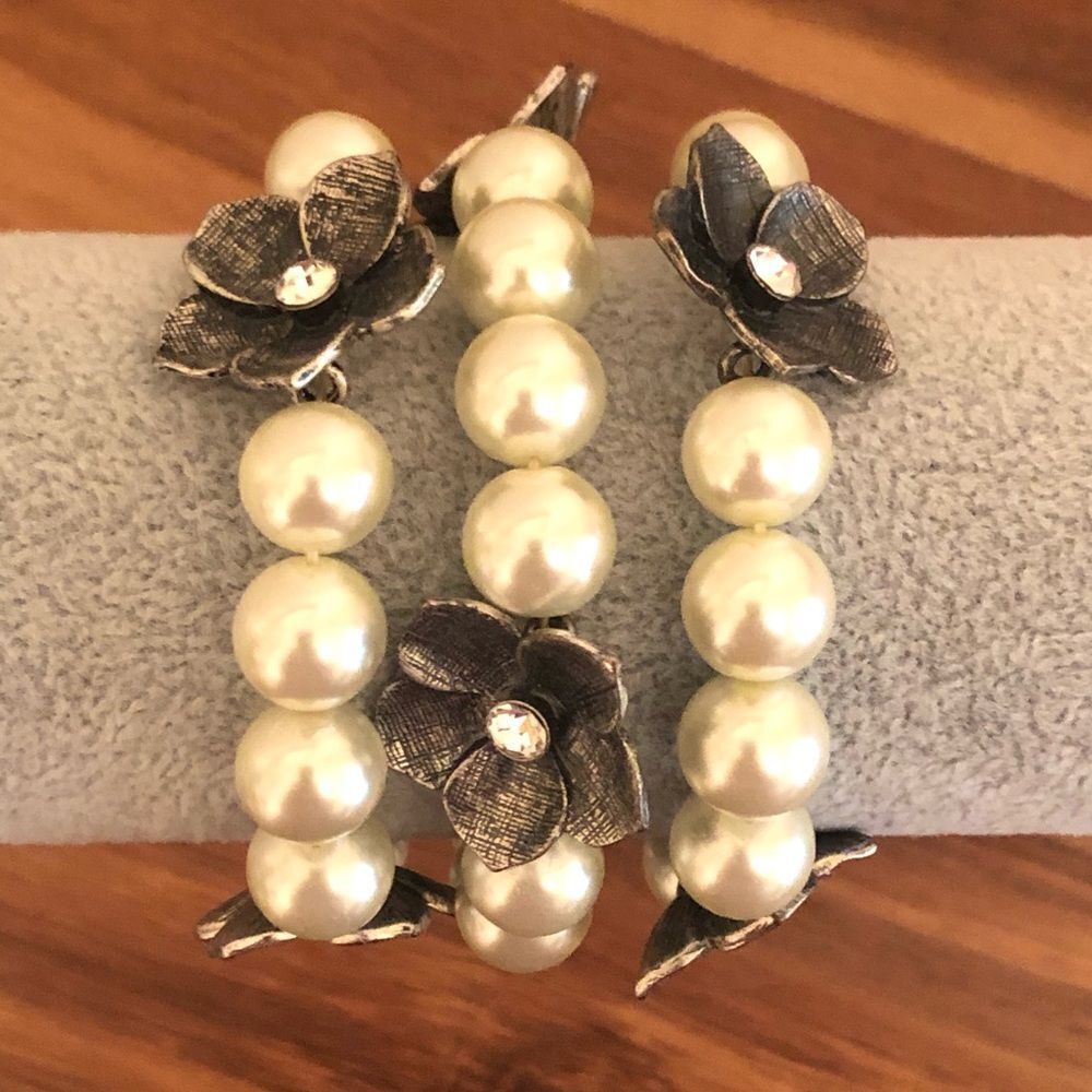 Faux Pearl and Flower Stretch Bracelets | Set of 3 | 2.5” Inner Diameter